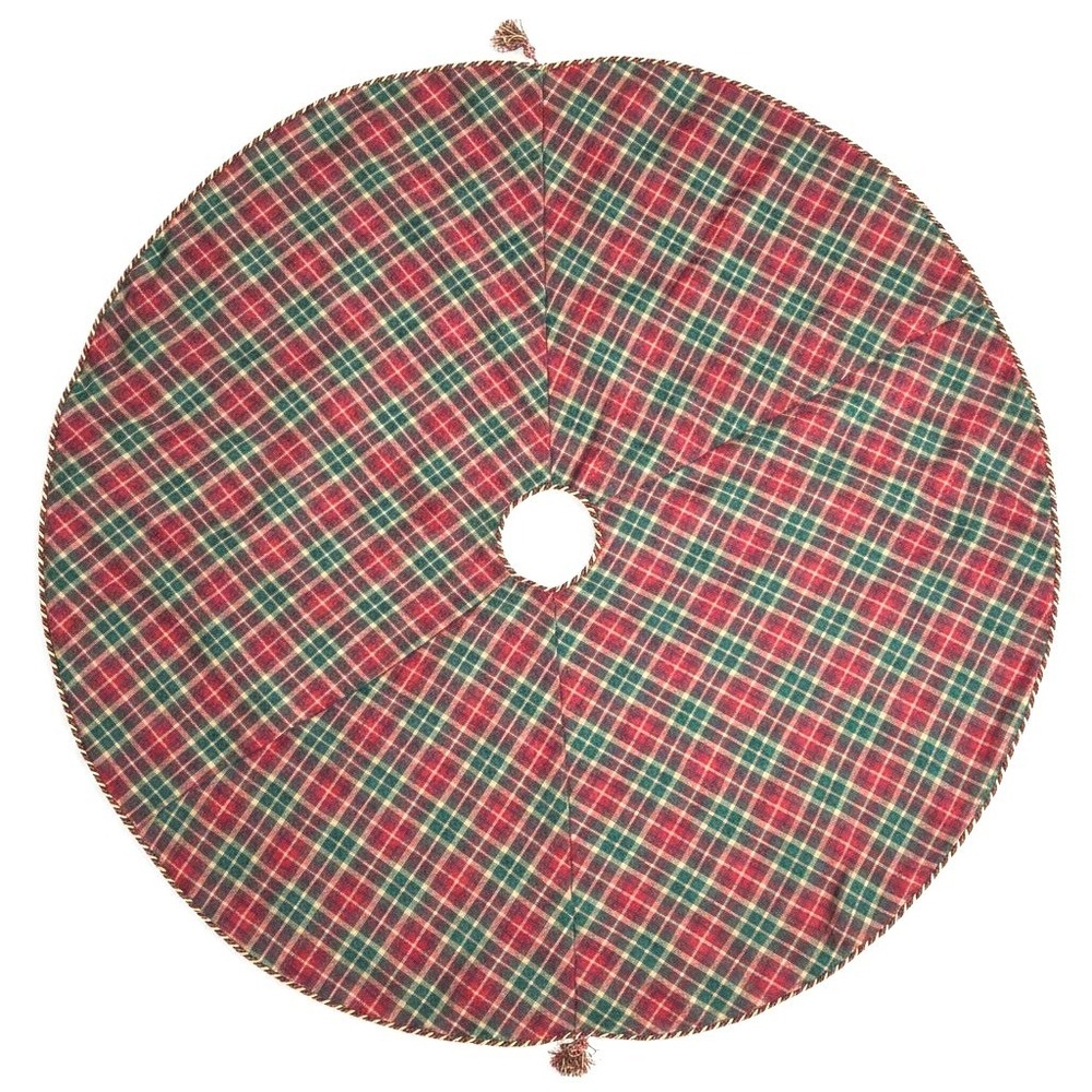 Vintage Red Green Plaid Christmas Tree Skirt 53 X 53 Metallic Gold Trim Lined